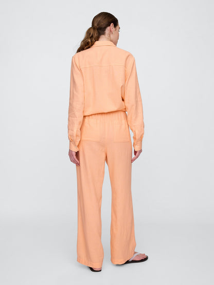 Turuncu Mid Rise Keten Karışımlı Pull-on Wide-leg Pantolon