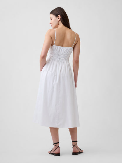 Beyaz Smocked Tie-front Midi Elbise