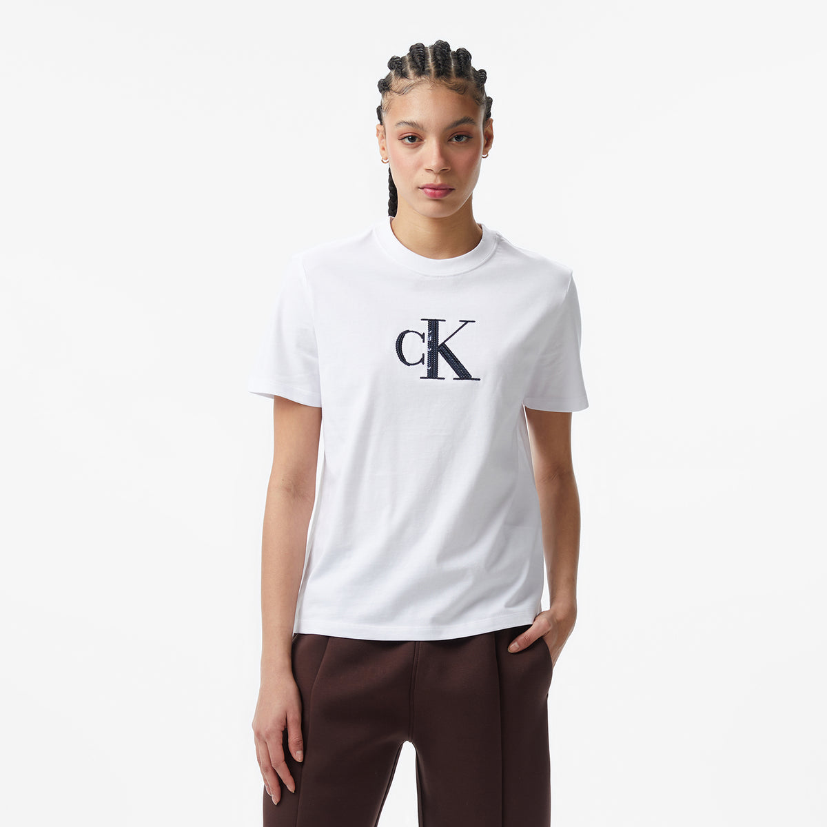 Calvin Klein Sequin Graphic Kadın Beyaz T-shirt