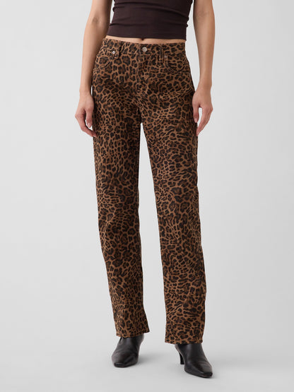 Kahverengi Mid Rise Straight Taper Leopar Jean Pantolon