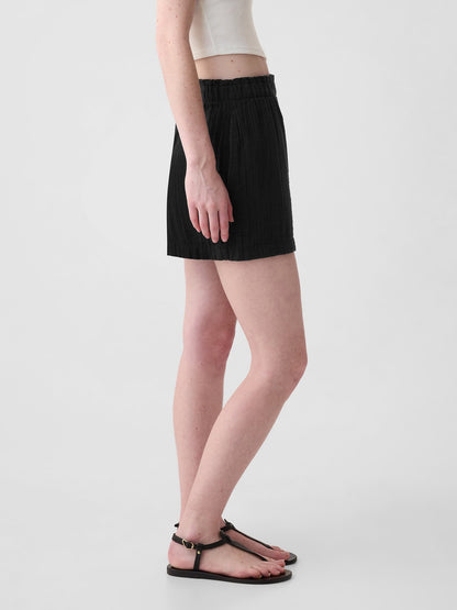 Siyah Crinkle Gauze Pull-on Şort