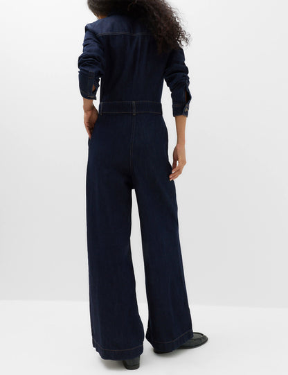 Denim Uzun Kollu Geniş Paça Tulum