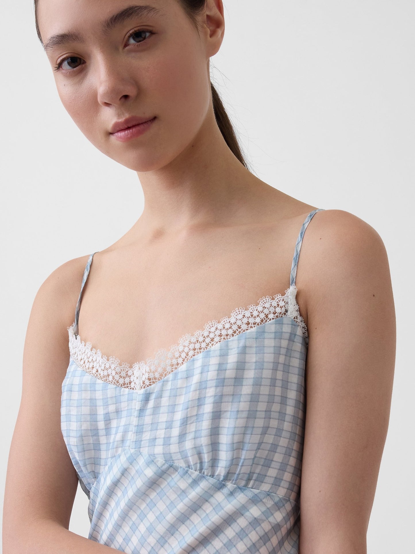 Açık Mavi Gingham Midi Slip Elbise