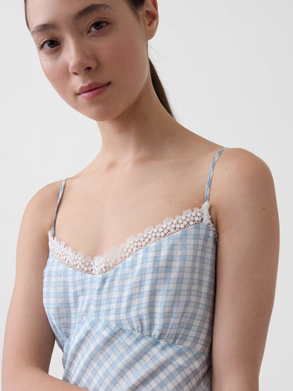 Açık Mavi Gingham Midi Slip Elbise