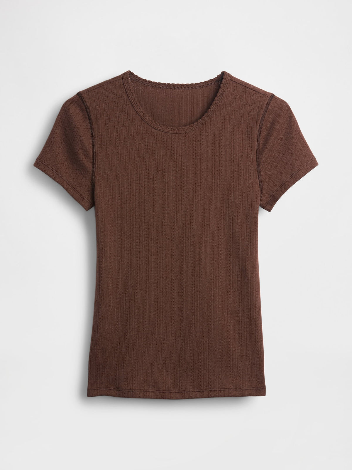 Kahverengi Pointelle Bisiklet Yaka T-shirt