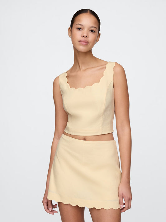 Bej Keten Karışımlı Crop Askılı Bluz