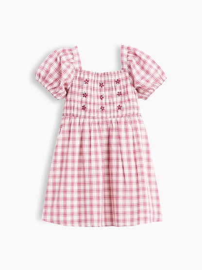 Pembe Smocked Yaka Kareli Elbise