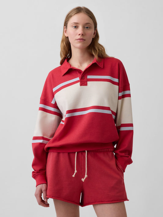Kırmızı Fransız Havlu Kumaş Oversized Polo Sweatshirt