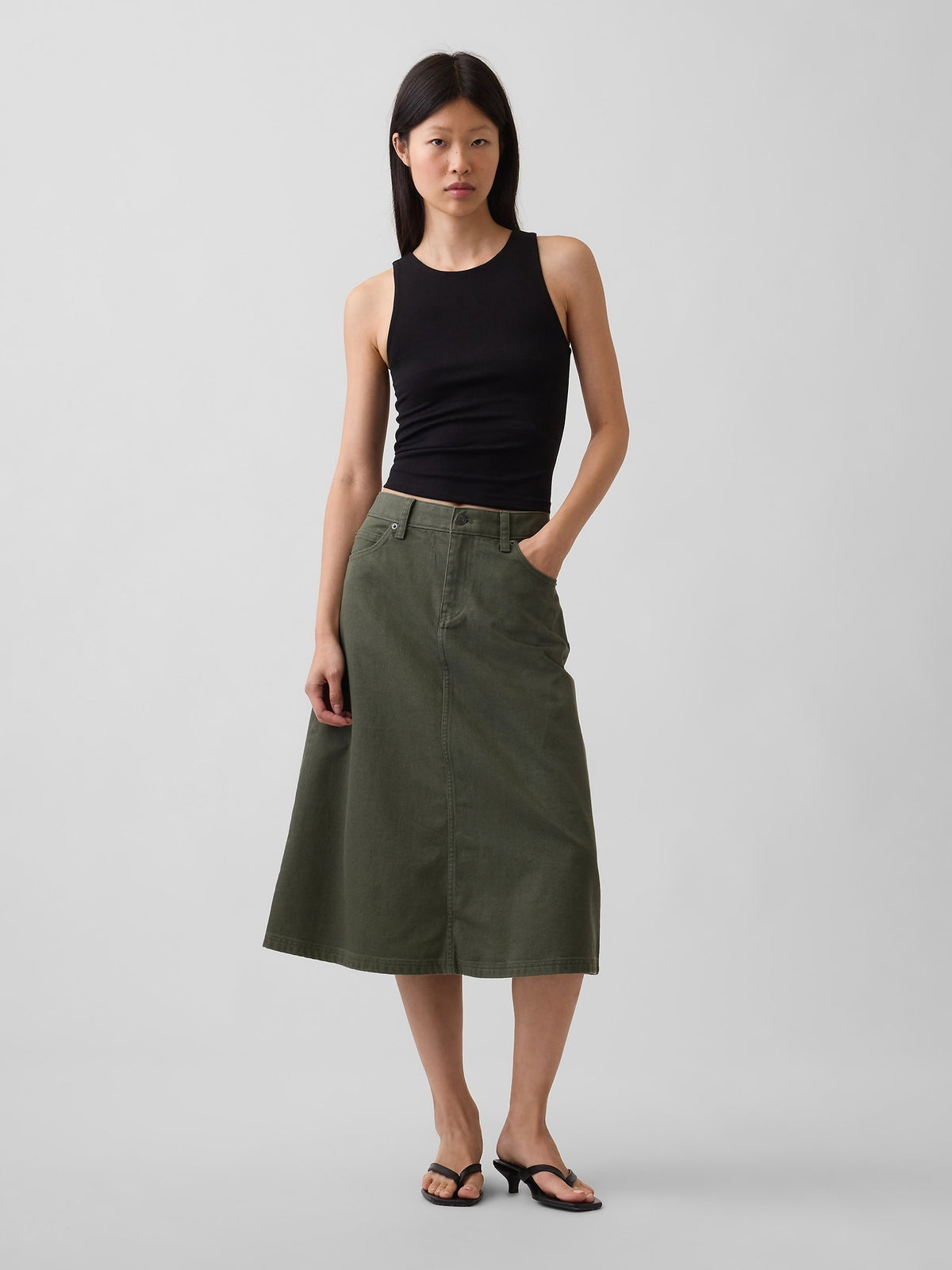 Haki Twill Midi Etek