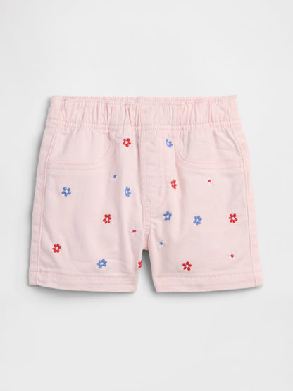 Açık Pembe Pull-on Işlemeli Mom Jean Şort