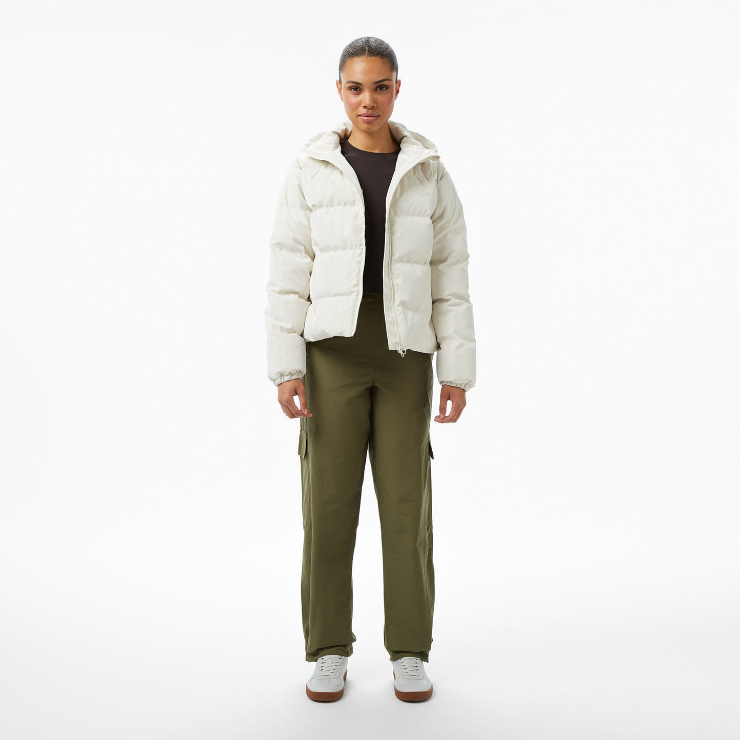 Lacoste Kadın Kapüşonlu Monogram Beyaz Mont