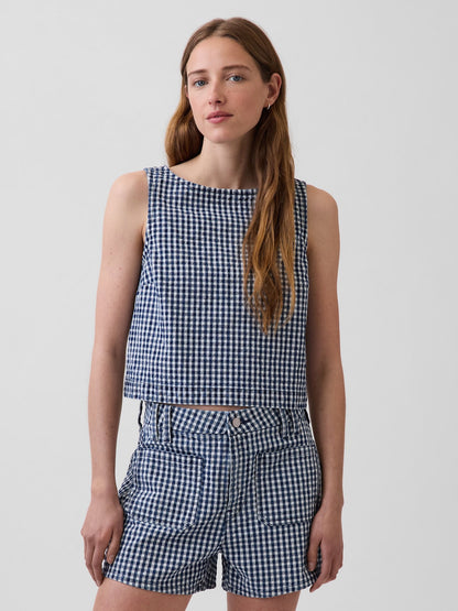 Lacivert Gingham Denim Crop Shell Kolsuz Üst