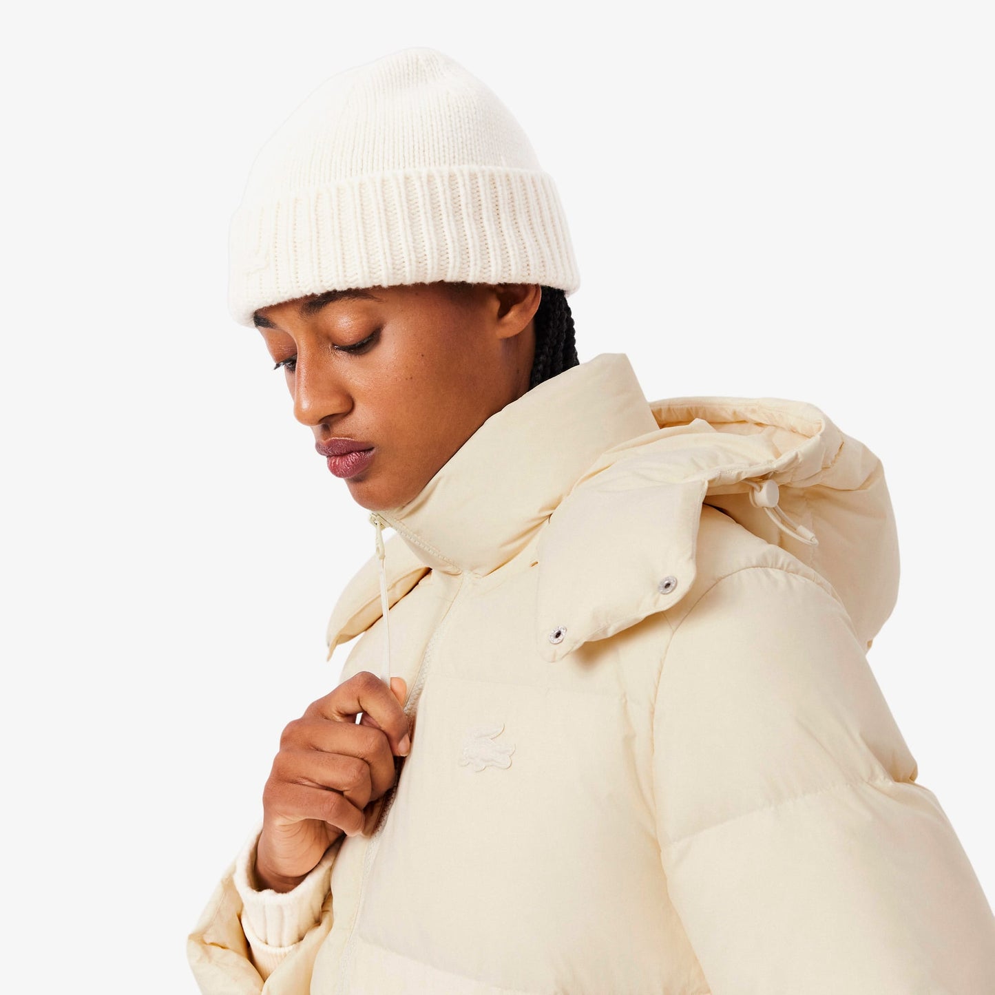 Lacoste Kadın Relaxed Fit Kapüşonlu Krem Şişme Mont