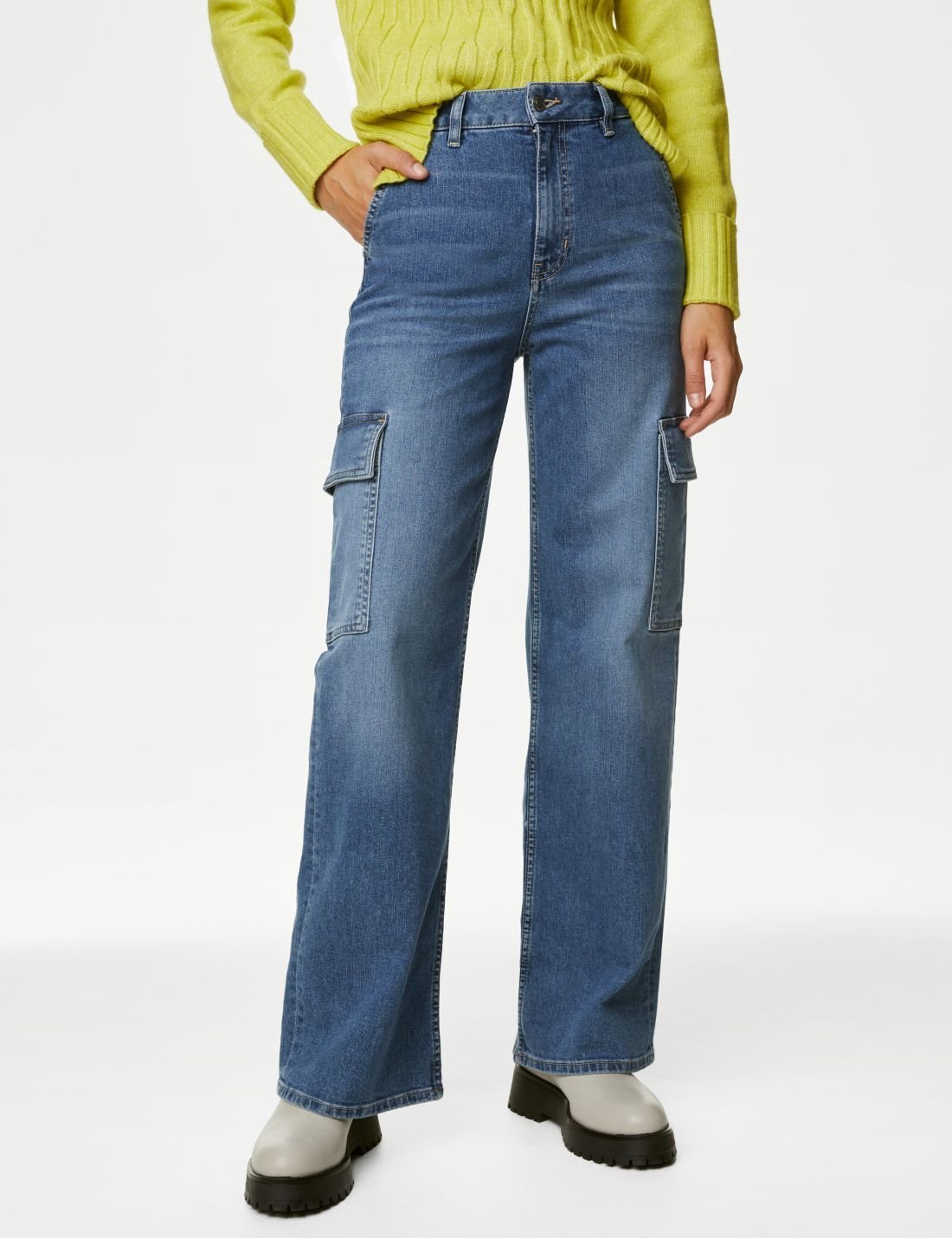 Yüksek Bel Wide Leg Kargo Jean Pantolon