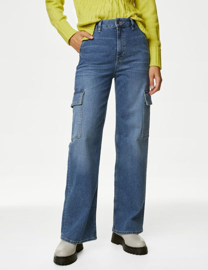 Yüksek Bel Wide Leg Kargo Jean Pantolon
