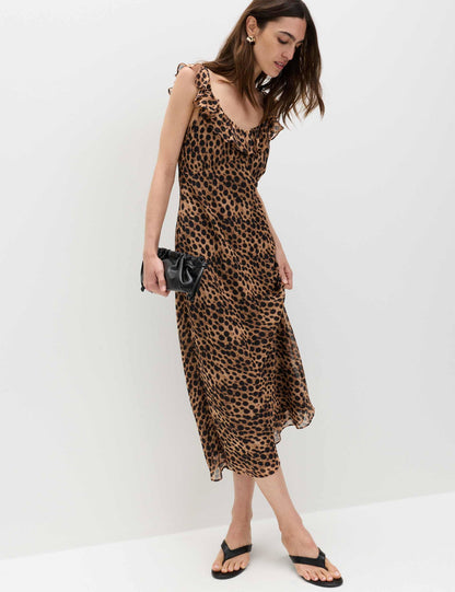 Leopar Desenli Midi Elbise