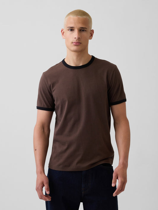Kahverengi Klasik Bisiklet Yaka T-shirt