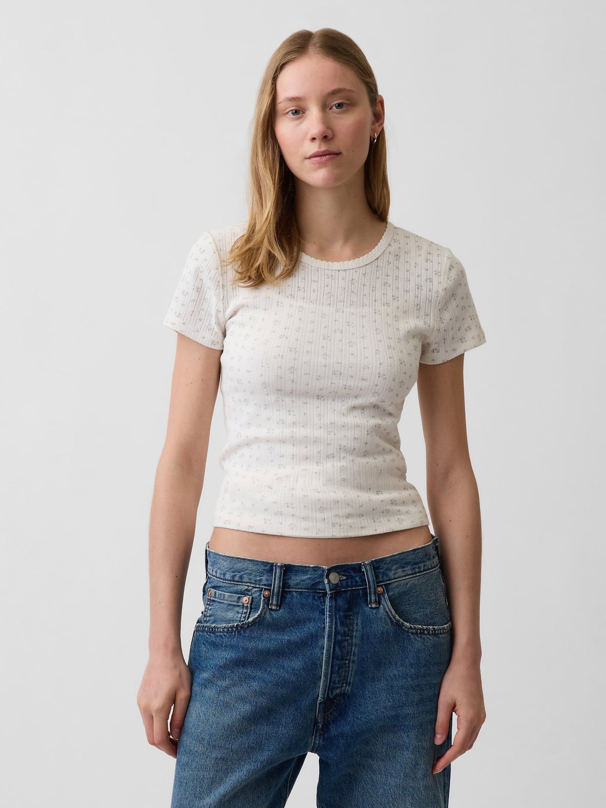 Beyaz Pointelle Bisiklet Yaka T-shirt