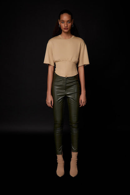 Fermuar Detaylı Bej Crop T-shirt