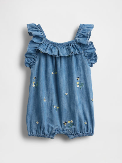 Mavi Denim Ruffle Kısa Tulum