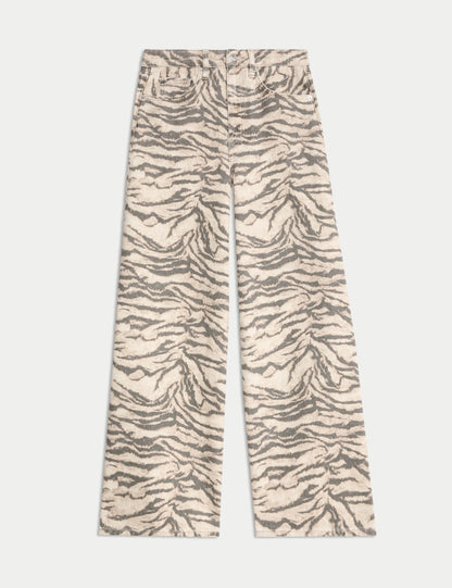 Leopar Desenli Wide Leg Jean Pantolon