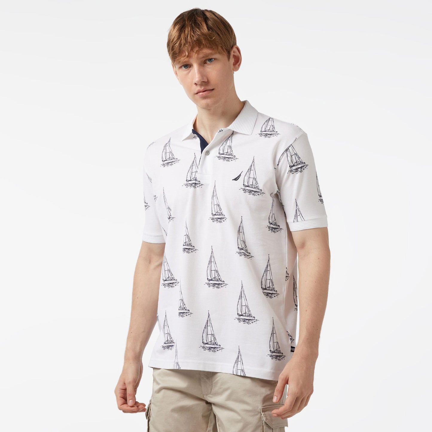 Nautica Erkek Beyaz Classic Fit Kısa Kollu Desenli Polo Yaka T-shirt