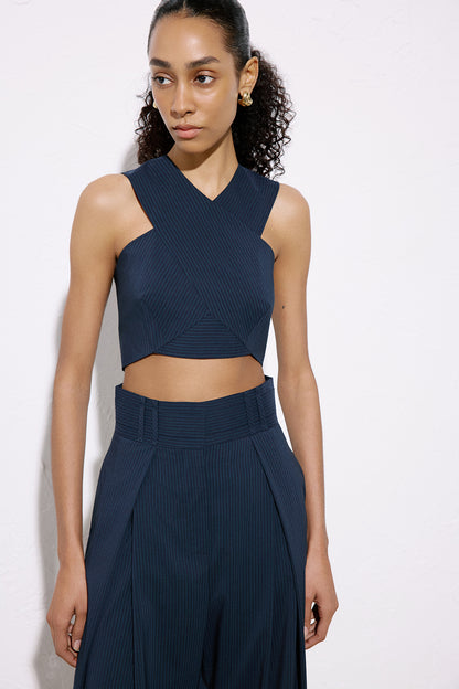 Asimetrik Detaylı Çizgili Crop Lacivert Büstiyer