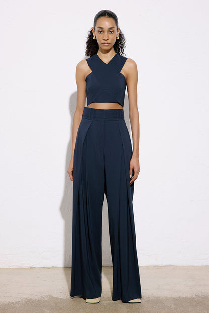 Asimetrik Detaylı Çizgili Crop Lacivert Büstiyer