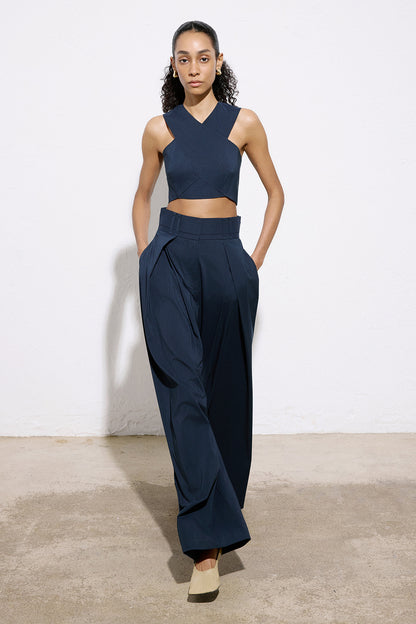 Asimetrik Detaylı Çizgili Crop Lacivert Büstiyer