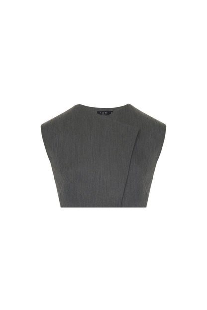 Asimetrik Yaka Kolsuz Gri Crop Bluz