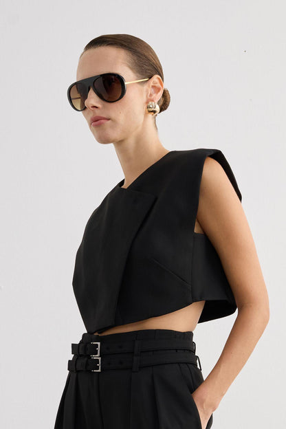 Asimetrik Yaka Kolsuz Siyah Crop Bluz