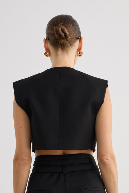 Asimetrik Yaka Kolsuz Siyah Crop Bluz
