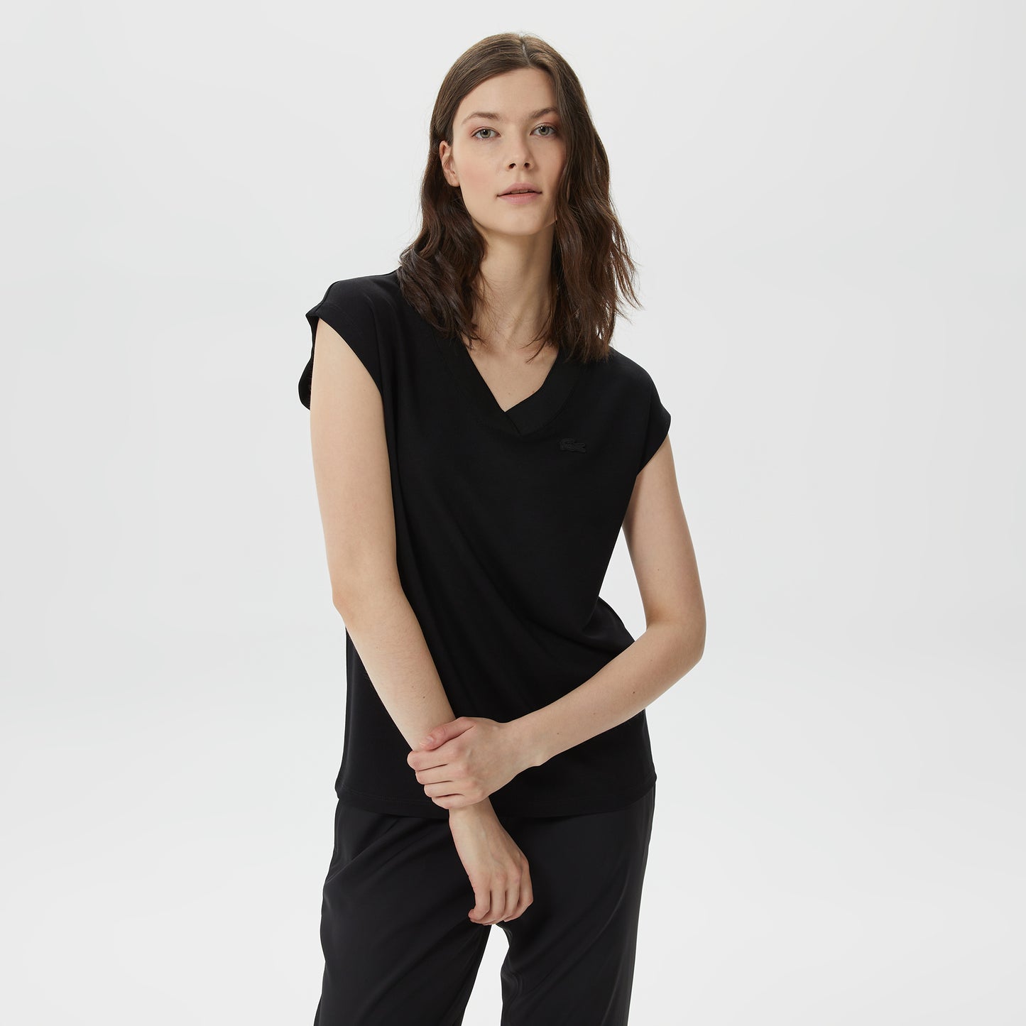 Lacoste Kadın Slim Fit V Yaka Siyah T-shirt