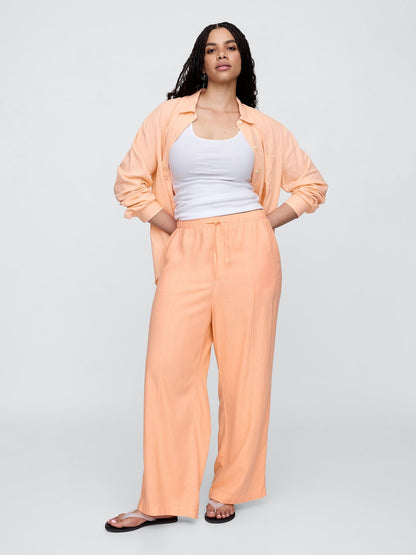 Turuncu Mid Rise Keten Karışımlı Pull-on Wide-leg Pantolon