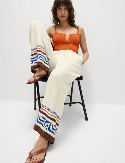 Keten Desenli Wide Leg Pantolon