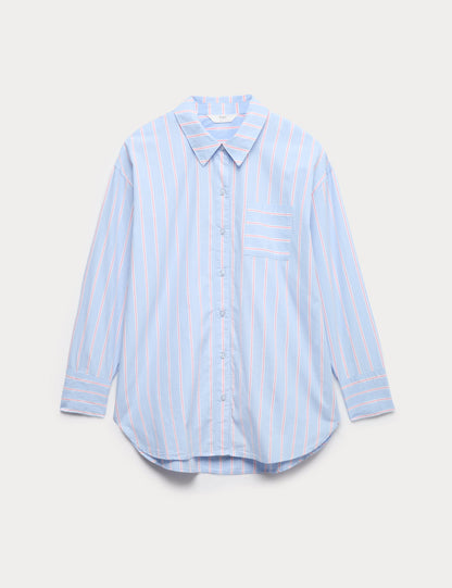 %100 Pamuk Poplin Çizgili Pijama Üstü