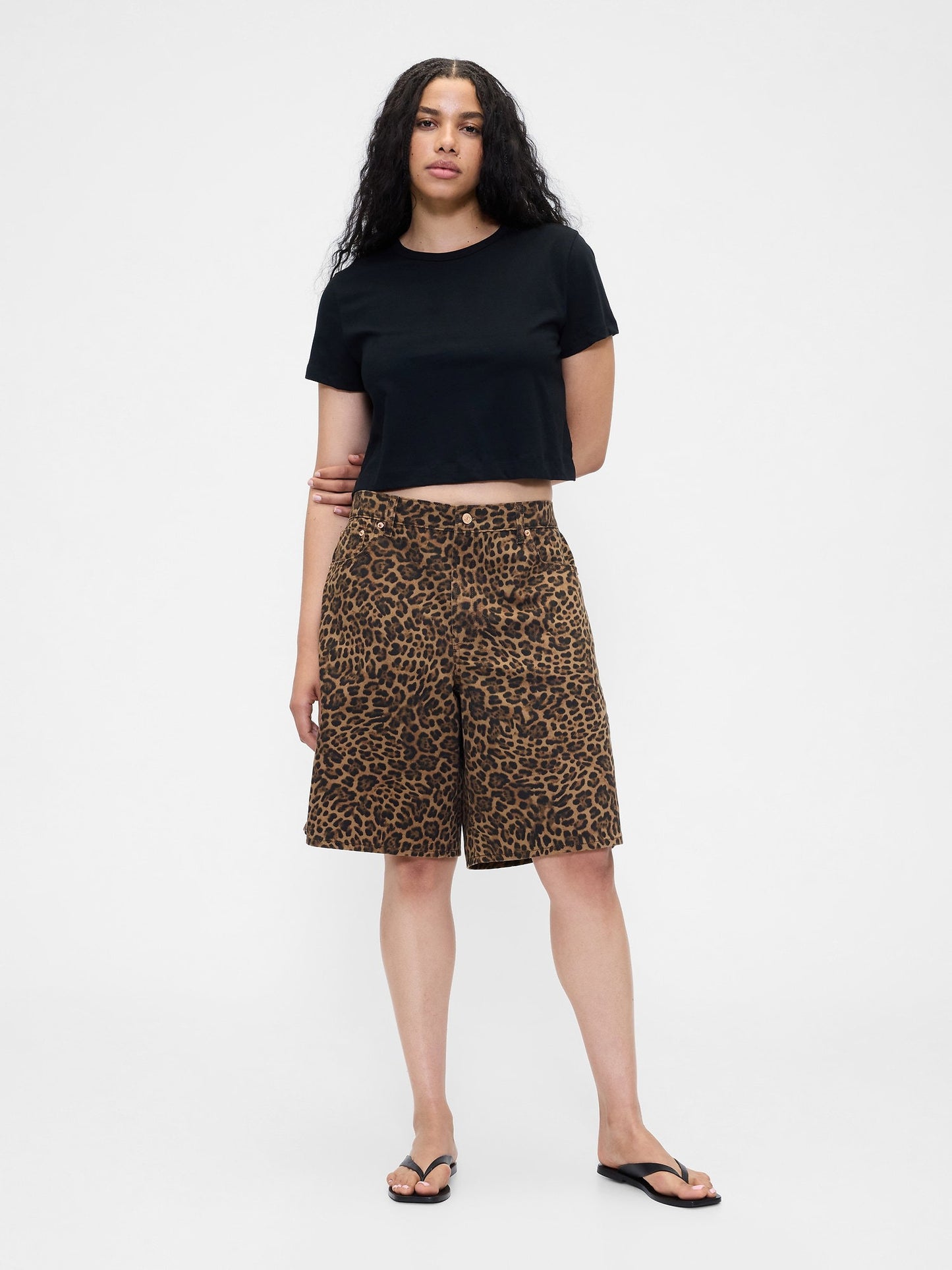 Kahverengi 11 Mid Rise Denim Leopar Longline Şort