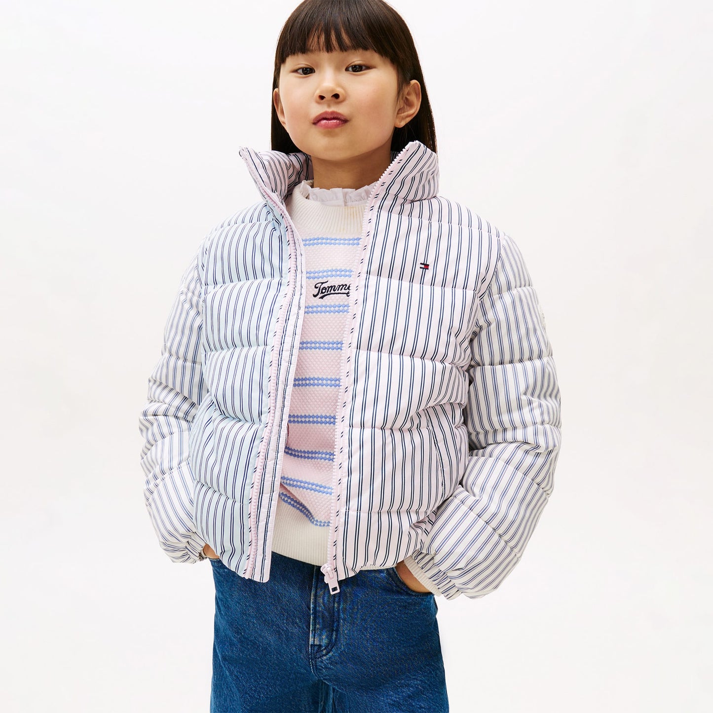 Tommy Hilfiger Mixed Stripe Puffer Çocuk Pembe Mont