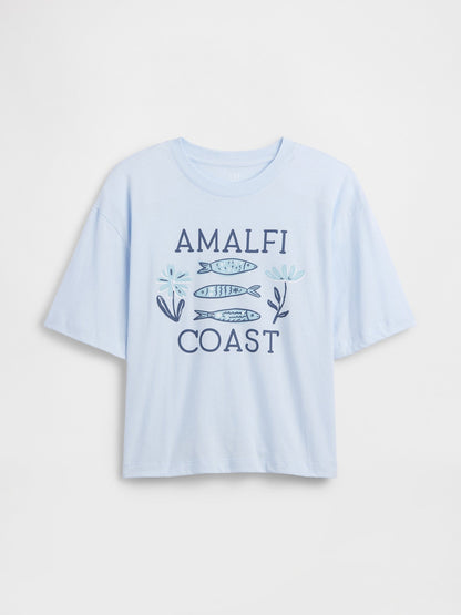 Açık Mavi Boxy Grafik Baskılı T-shirt