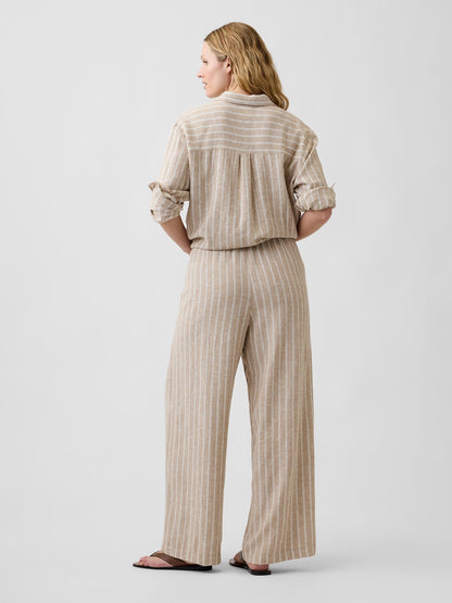 Bej Relaxed Keten Karışımlı Wide-leg Pantolon