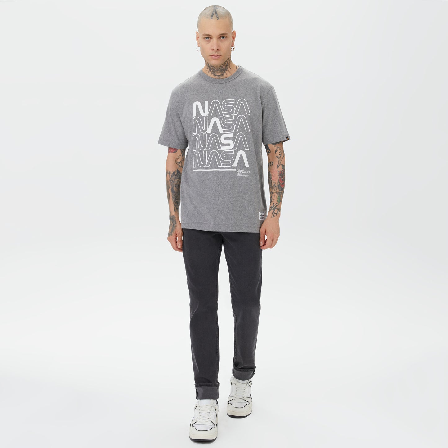 Alpha Industries Nasa Logo Print Erkek Gri T-shirt