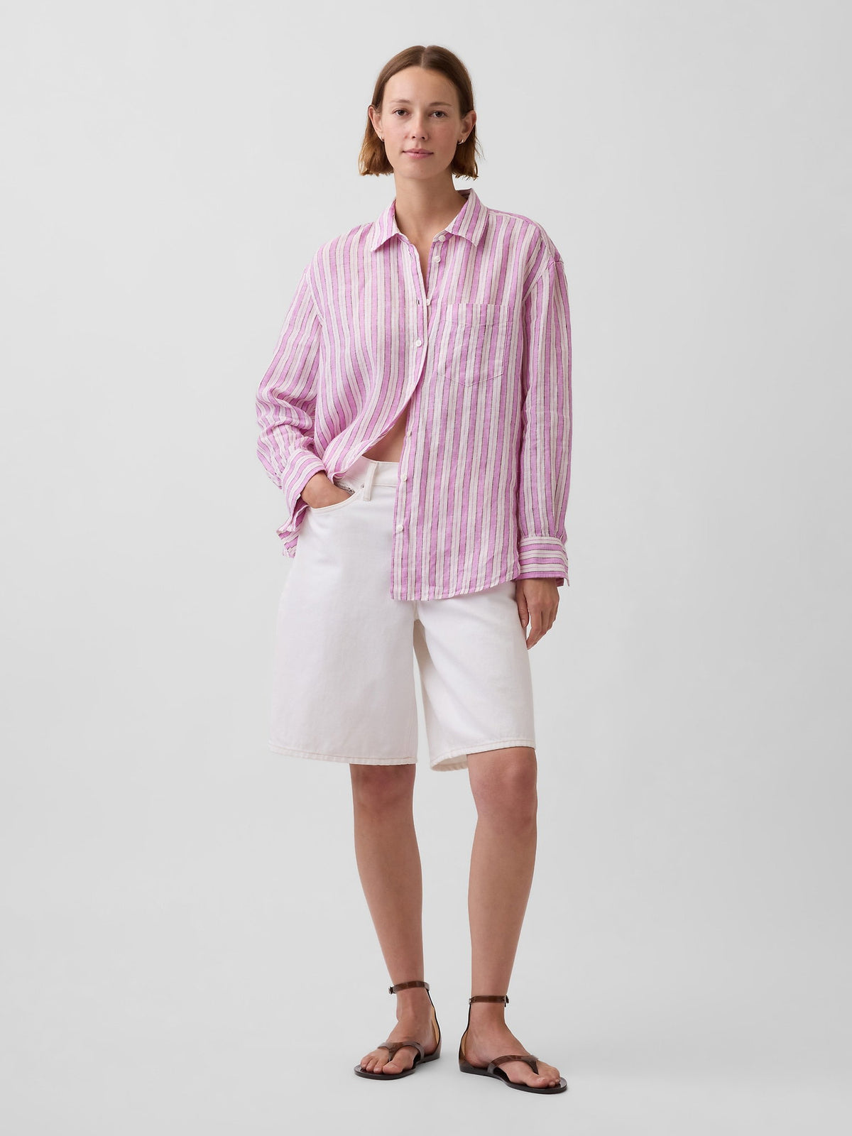 Pembe 100% Keten Oversize Gömlek
