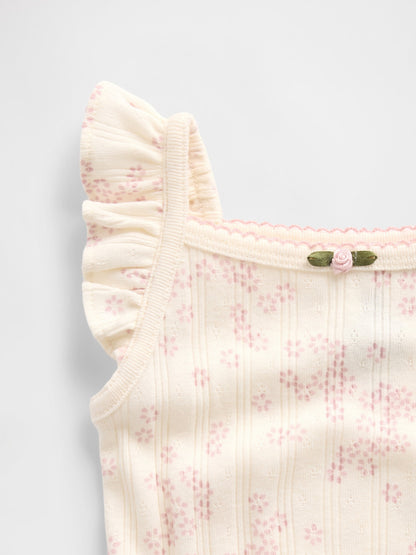 Krem Pointelle Fitilli Çiçekli Askılı Bodysuit