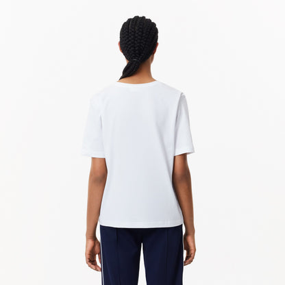 Lacoste Kadın Relaxed Fit V Yaka Beyaz T-shirt