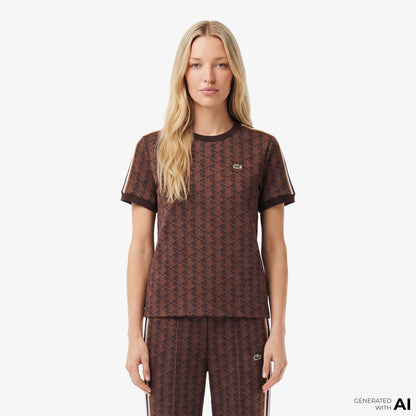 Lacoste Monogram Slim Fit Jacquard Kadın Kahverengi T-shirt
