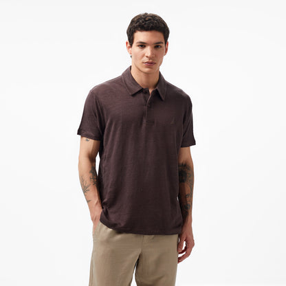 Nautica Erkek Kahverengi Classic Fit Kısa Kollu Keten Polo Yaka T-shirt