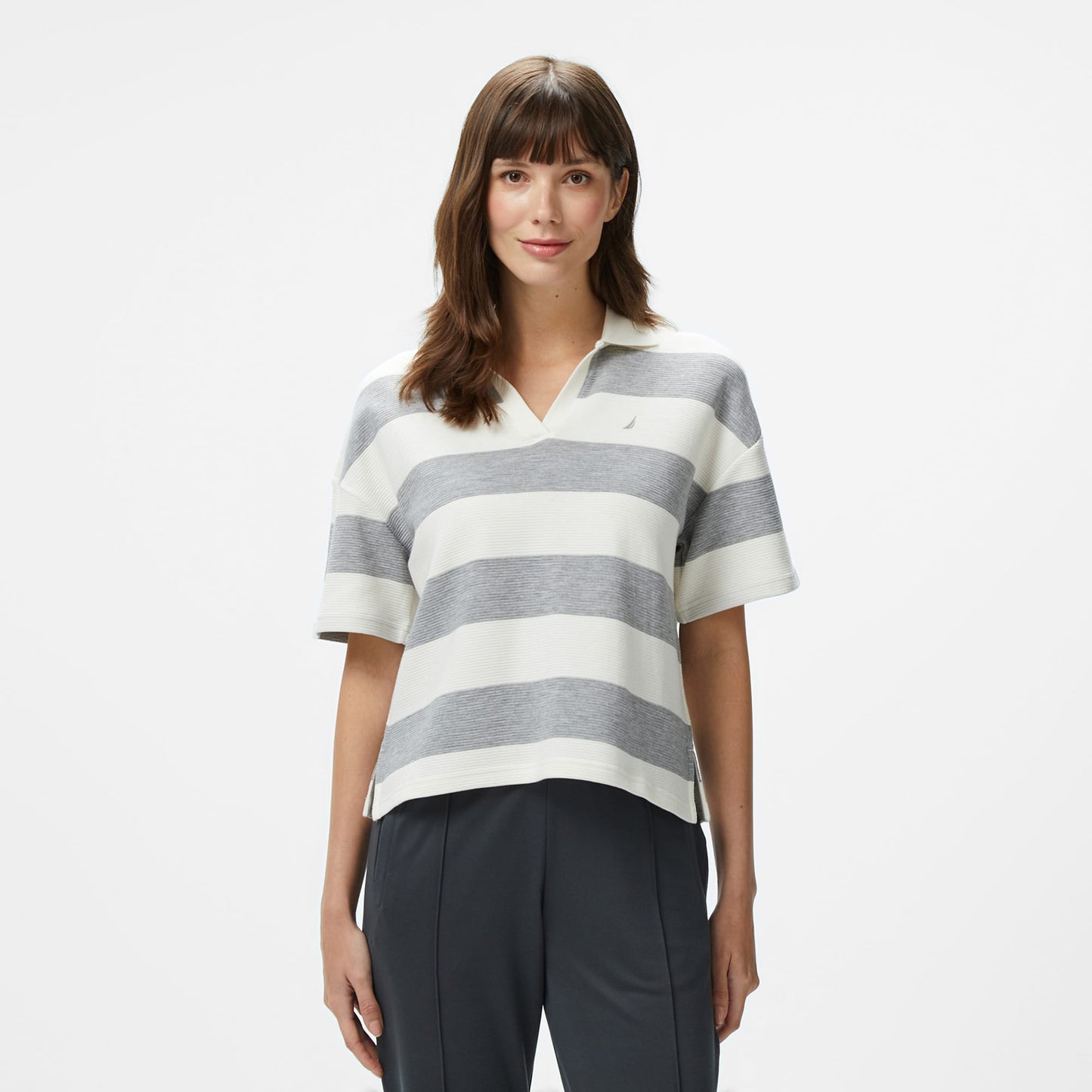Nautica Kadın Gri Regular Fit Çizgili Polo Yaka T-shirt