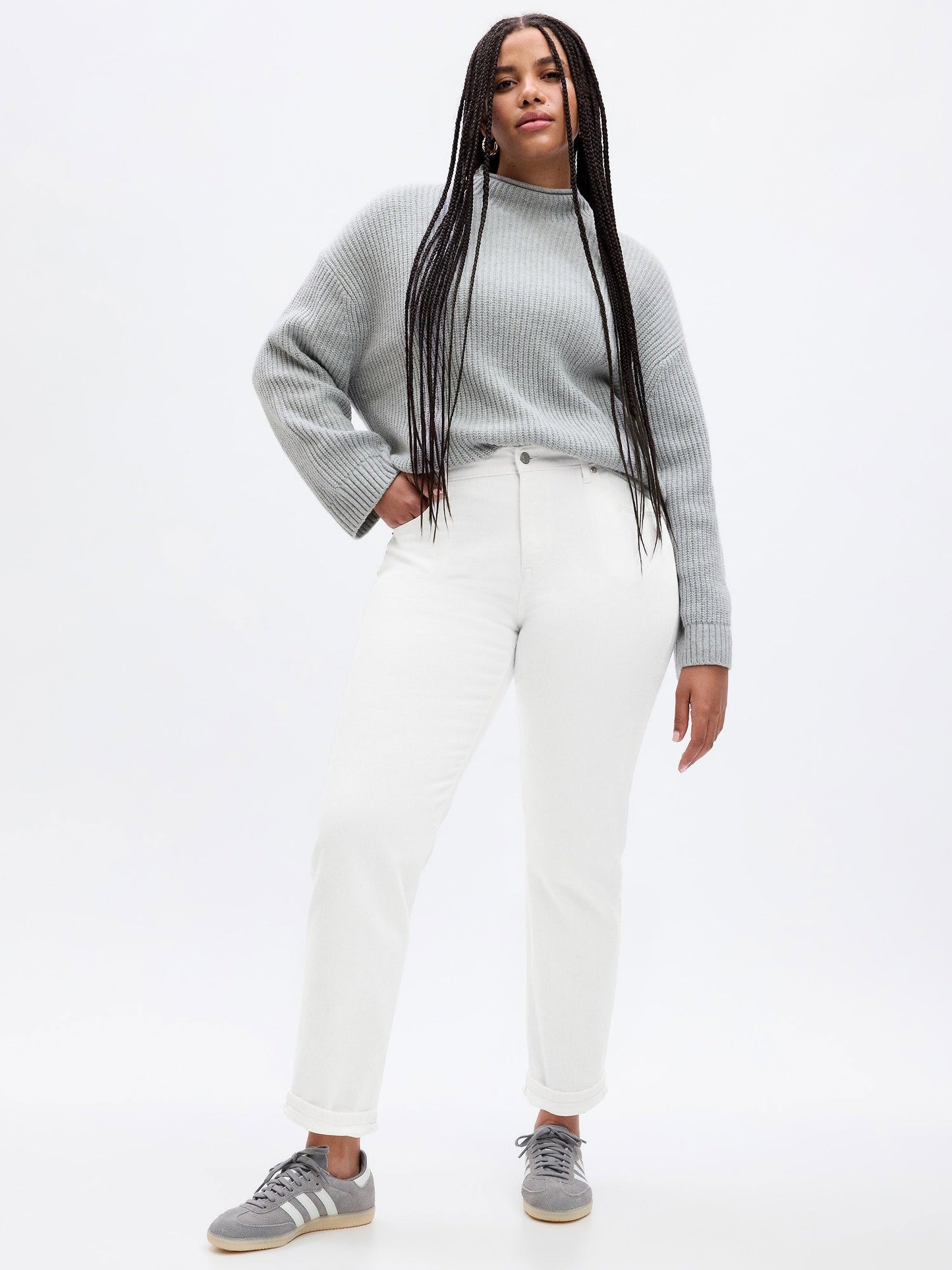 Beyaz Mid Rise Girlfriend Jean Pantolon