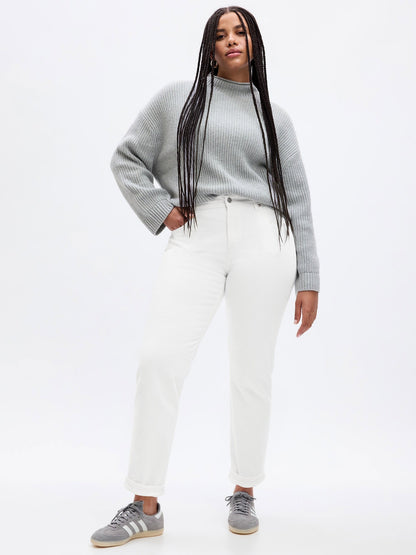 Beyaz Mid Rise Girlfriend Jean Pantolon