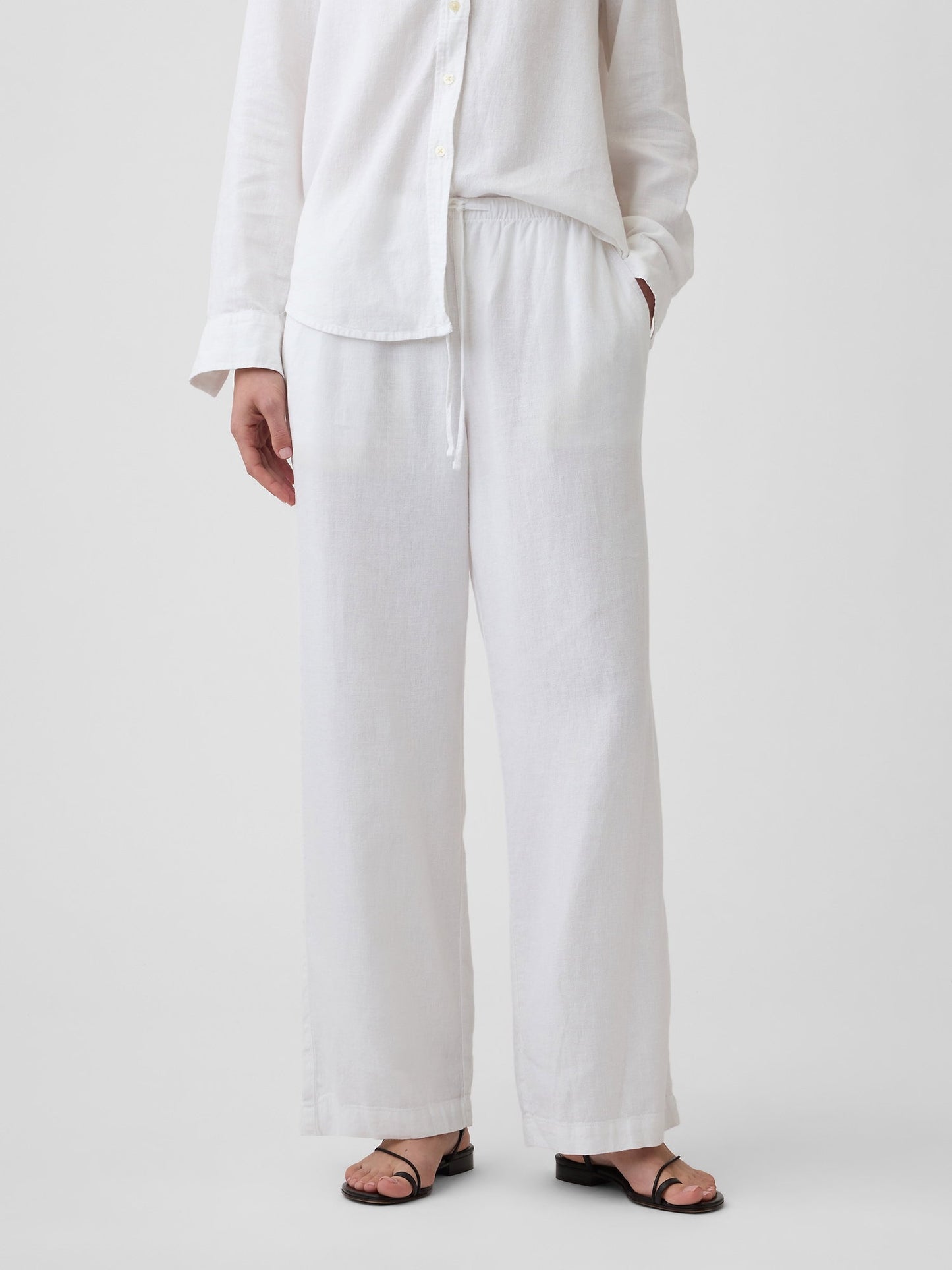 Beyaz Relaxed Keten Karışımlı Wide-leg Pantolon